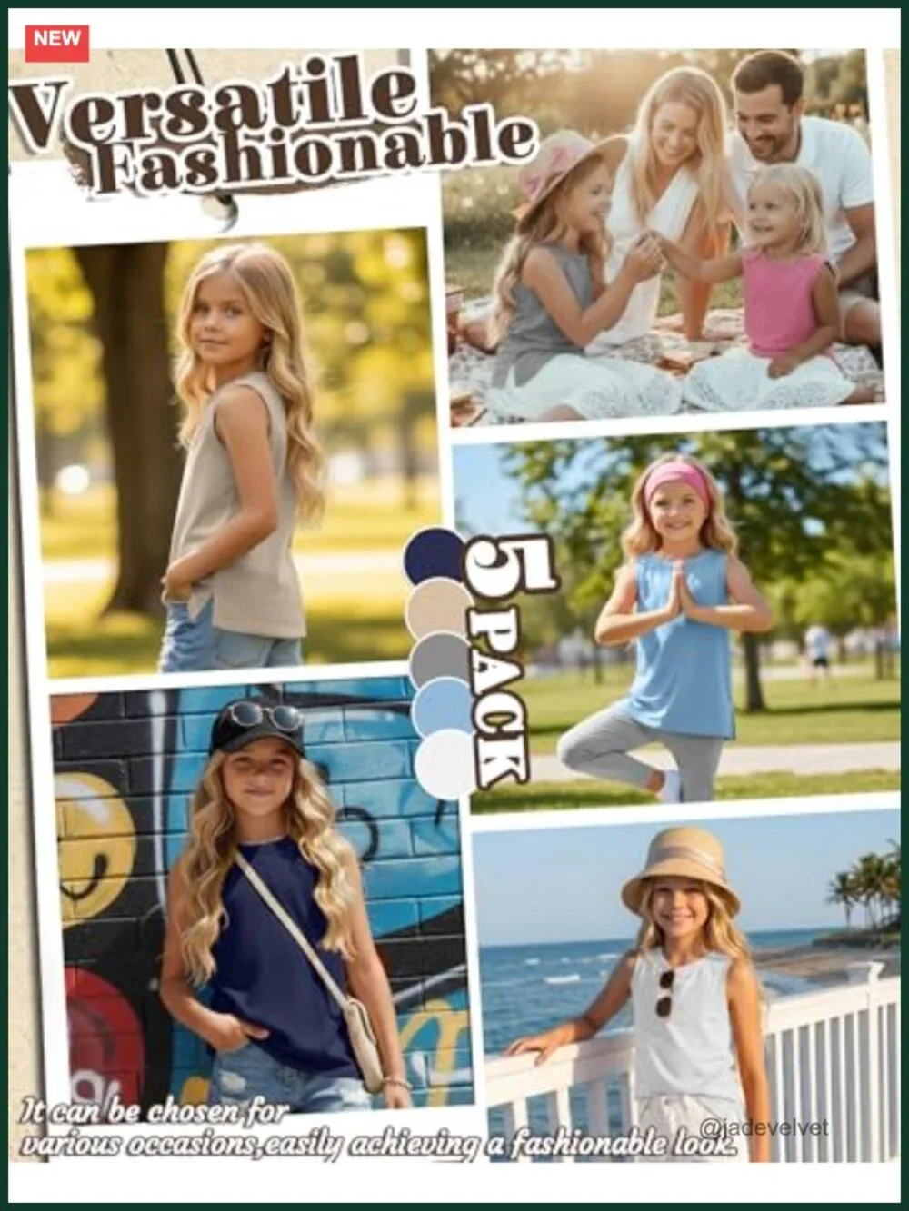 5 Pack Girls Tank Tops Crew Neck Sleeveless Loose Summer Side Slit Casual Tees